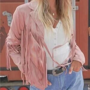 NEW! Western Fringe Soft Faux Suede Open Style Lined Jacket Coat L Dusty Rose